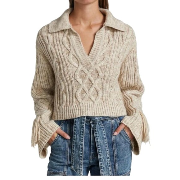 BLUE PEPPER Beige Fringe Polo Sweater Size MEDIUM - Picture 1 of 7
